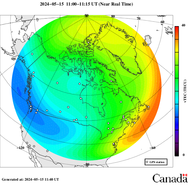 Map of Total Electron Content over Canada. Description of graphic follows.