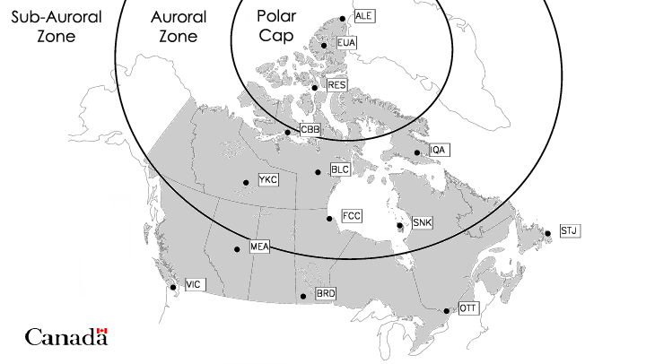 Map showing the location of magnetic activity zones in Canada.  The auroral zone is a band across the Hudson Bay and the Yukon.  North of that is the polar cap.  South of the auroral zone is the sub-auroral zone.